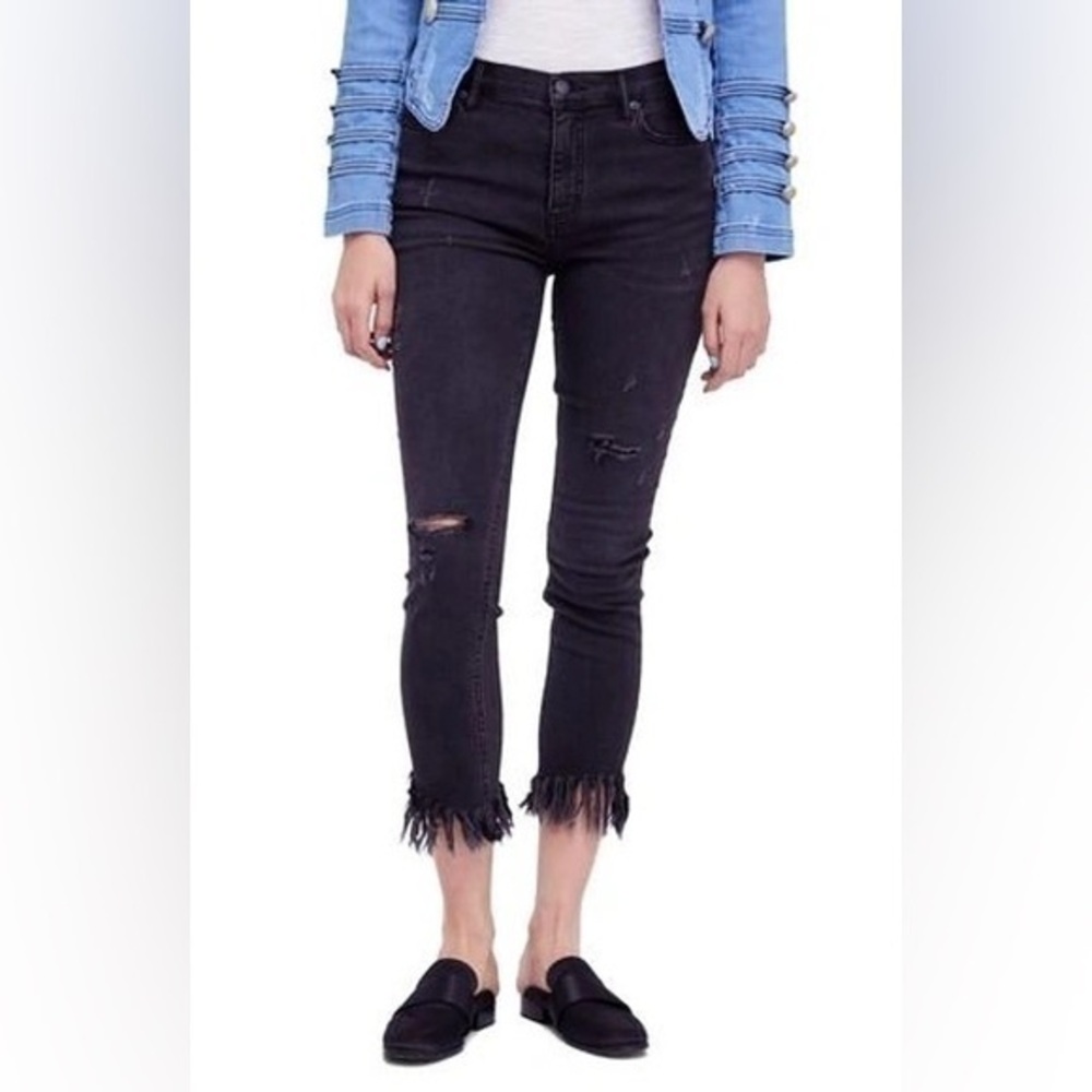 FREE PEOPLE 28 Great Heights Frayed Skinny Jeans Black Charcoal - Picture 1 of 14